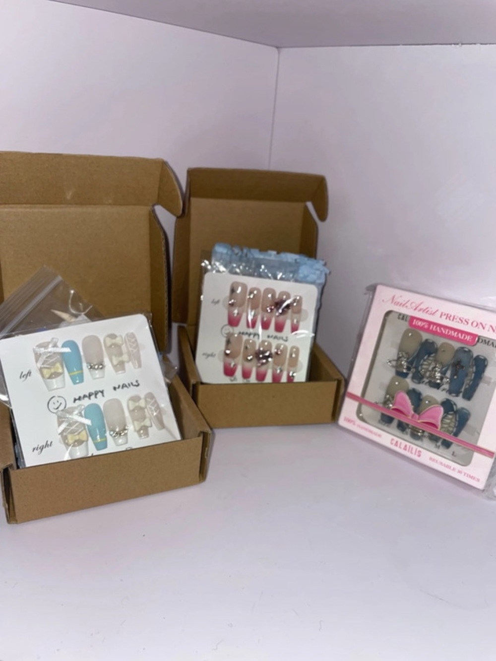 Handmade Press-On Nails Set by  (Blue, Pink, Nude). Size S
